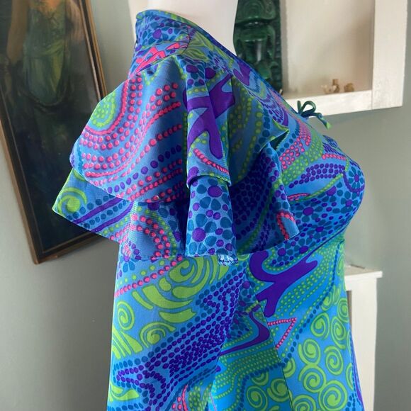 Vintage 70s Gay Gibson Psychedelic Ruffle Flutter Sleeve Maxi Dress Abstract S/M - Picture 9 of 15